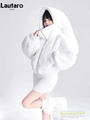 Autumn Winter Sweet Cute Lovely Warm Soft White Short Faux Fur Coat Women  with Bunny Ears Fluffy Jacket Hoodie 2023