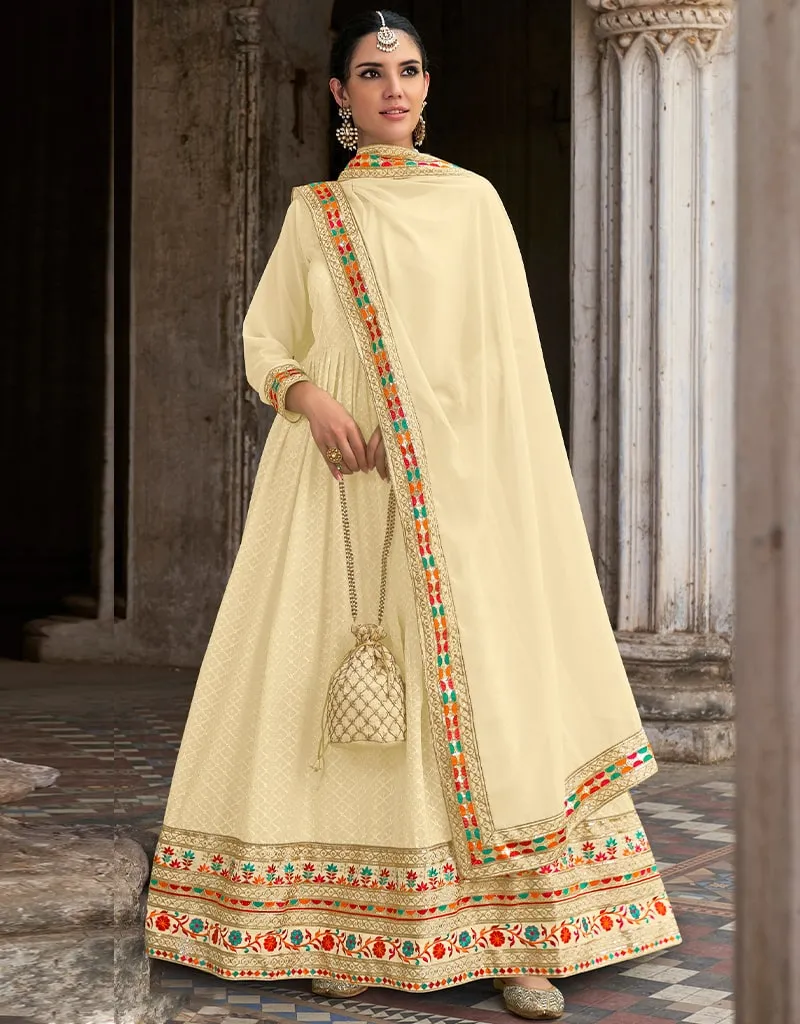 Beige Anarkali style Anarkali Semi-Stitched Suits