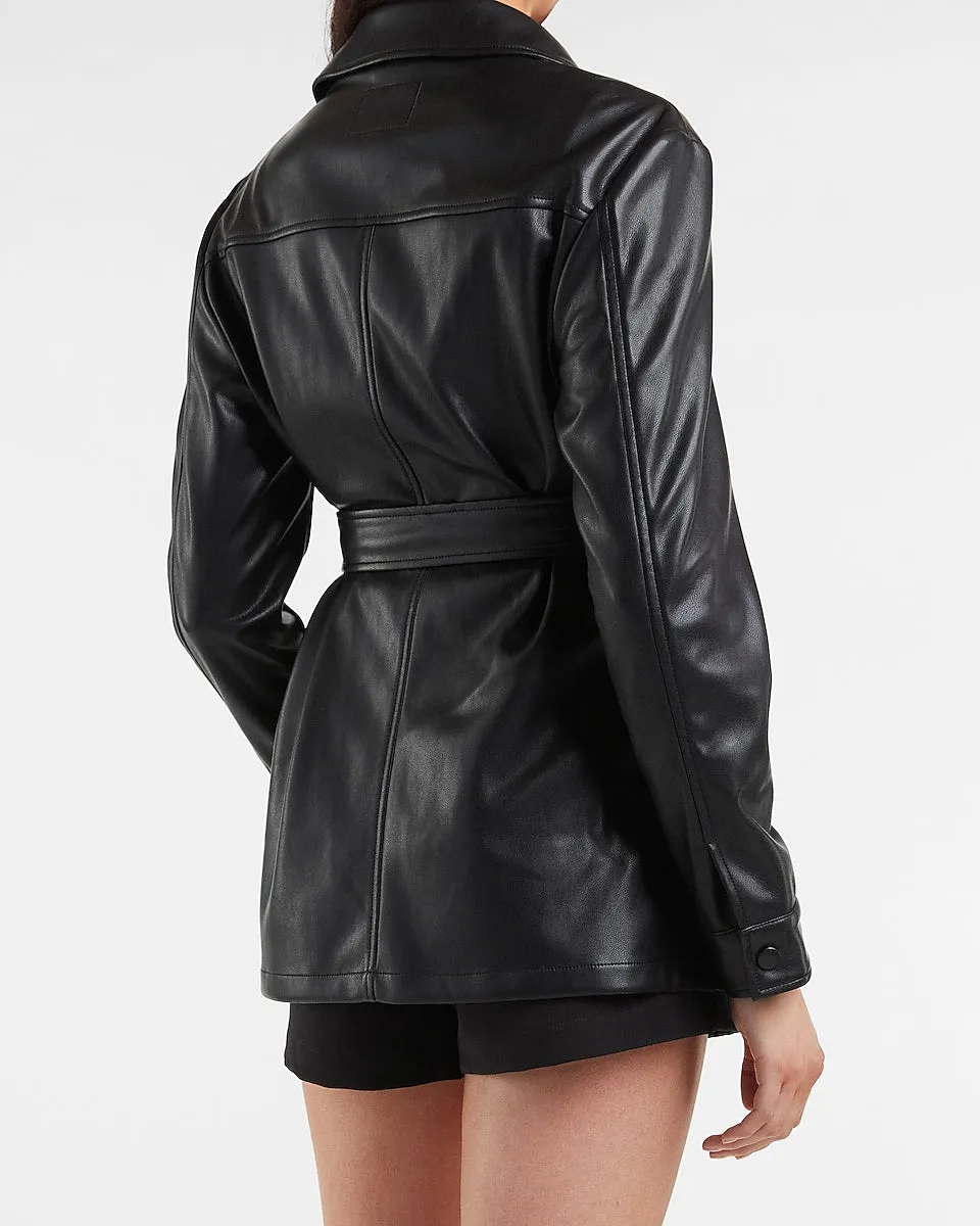 Belted Vegan Leather Patch Pocket Shirt Jacket In Pitch Black