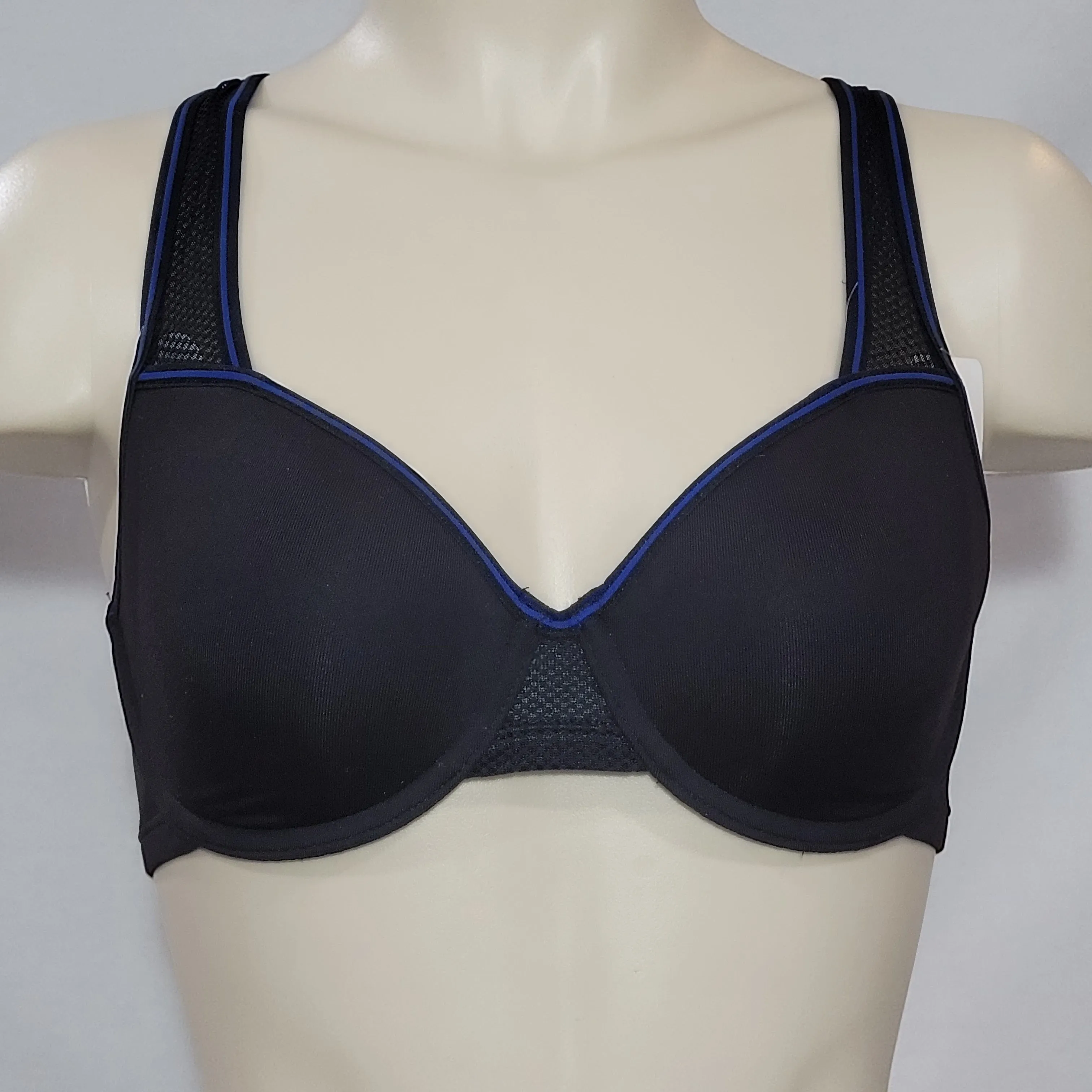 b.tempt'd 953199 by Wacoal b.active Underwire Sports Underwire Bra 30DD Black with Blue Trim