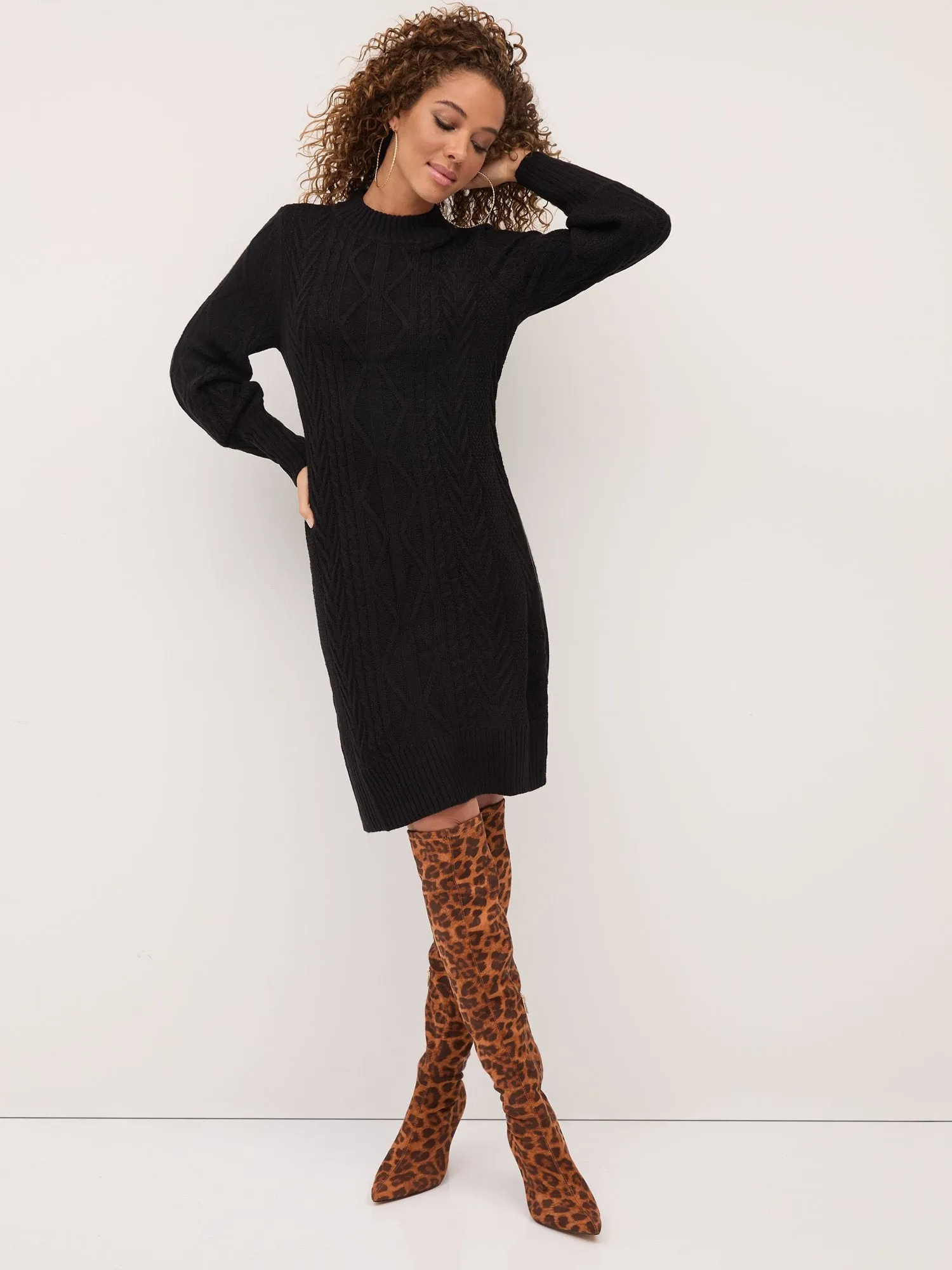 Cable-Knit Mock-Neck Sweater Dress