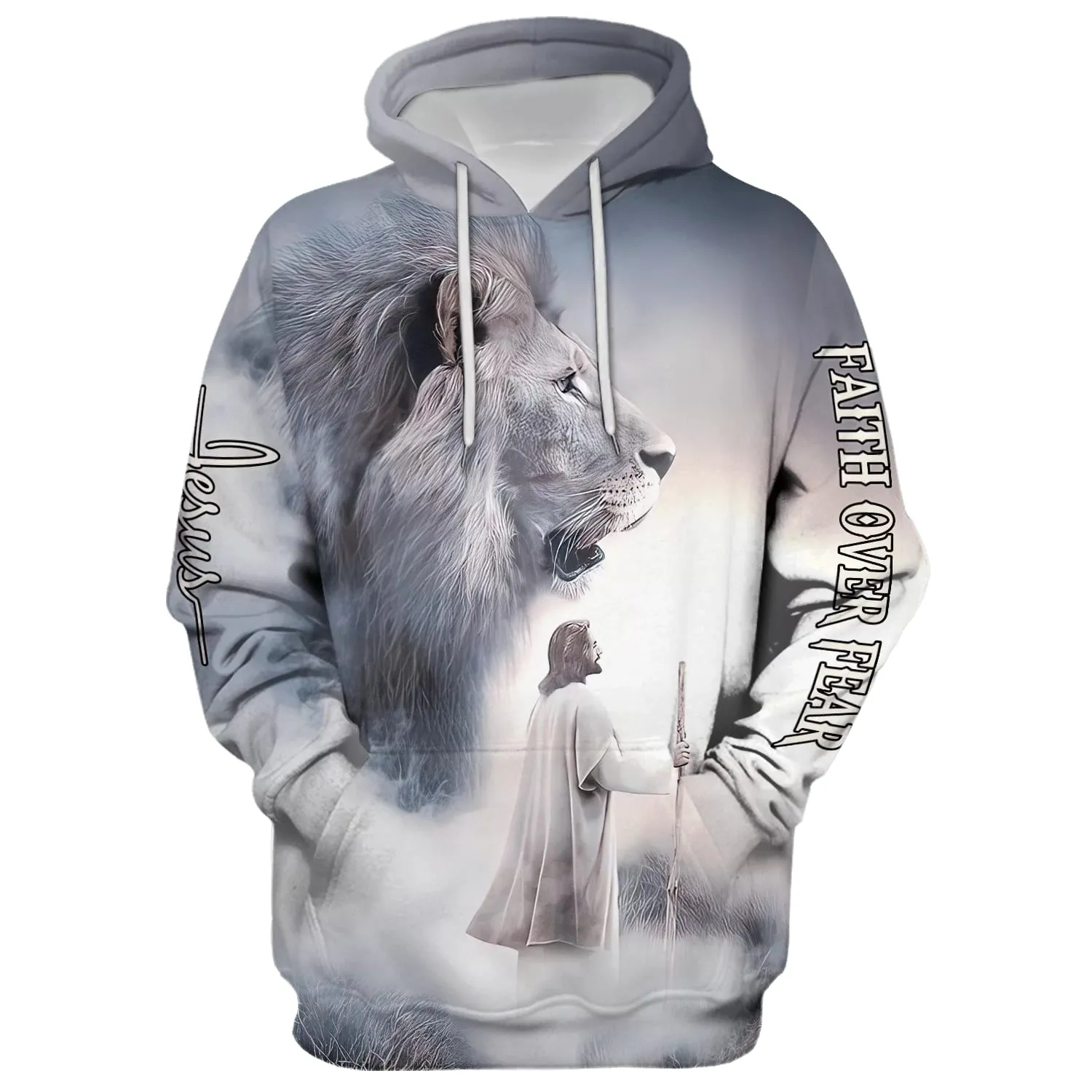 Christian Jesus Lion Faith Over Fear Hoodie - Men & Women Christian Hoodie - 3D Printed Hoodie