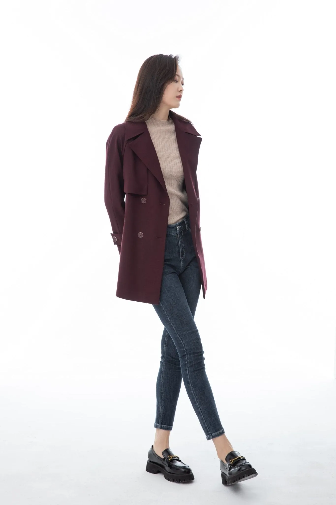 Claret Short Double-breasted Coats Overcoats