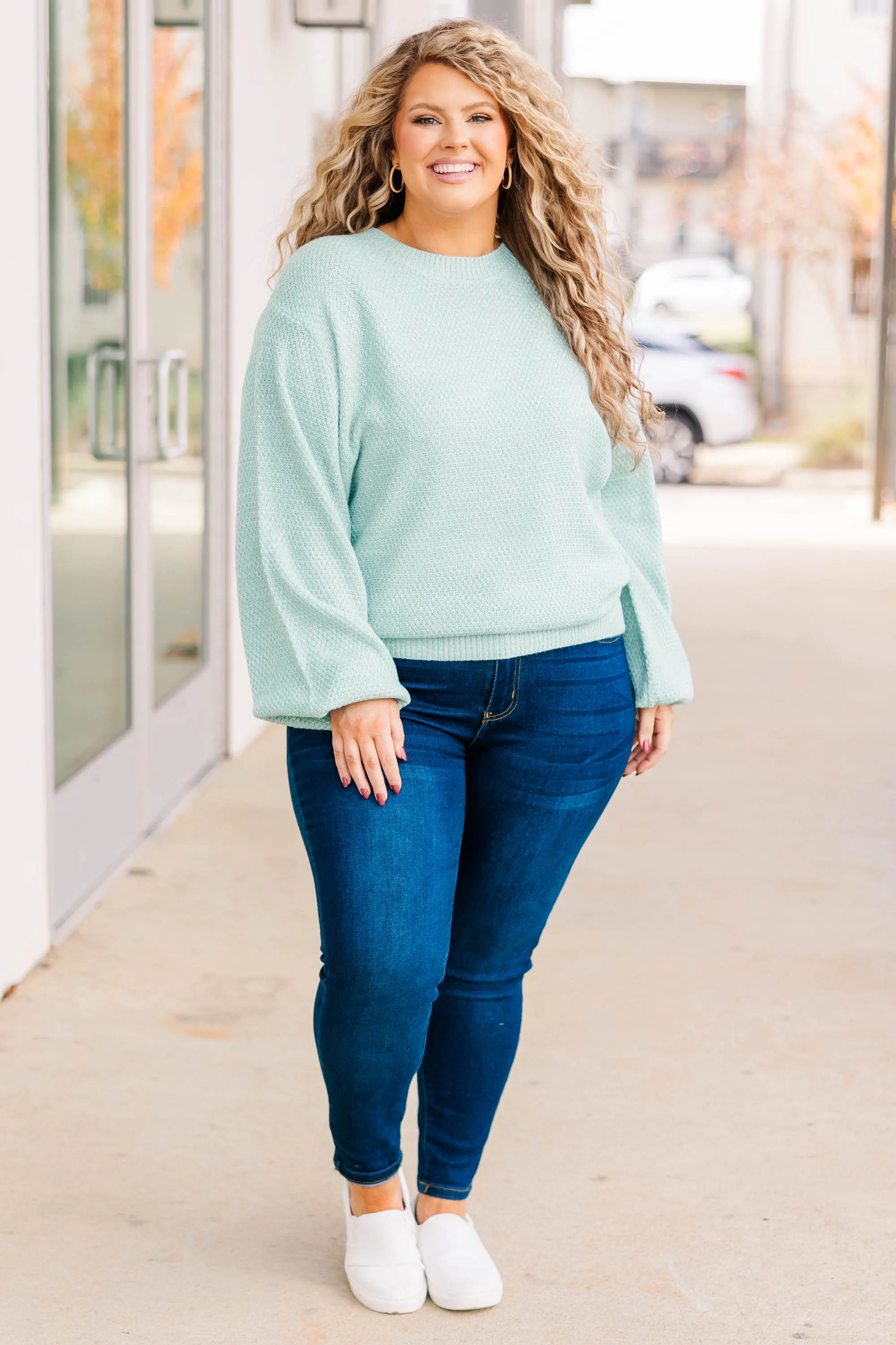 Cozy Bubble Sleeve Sweater, Mint