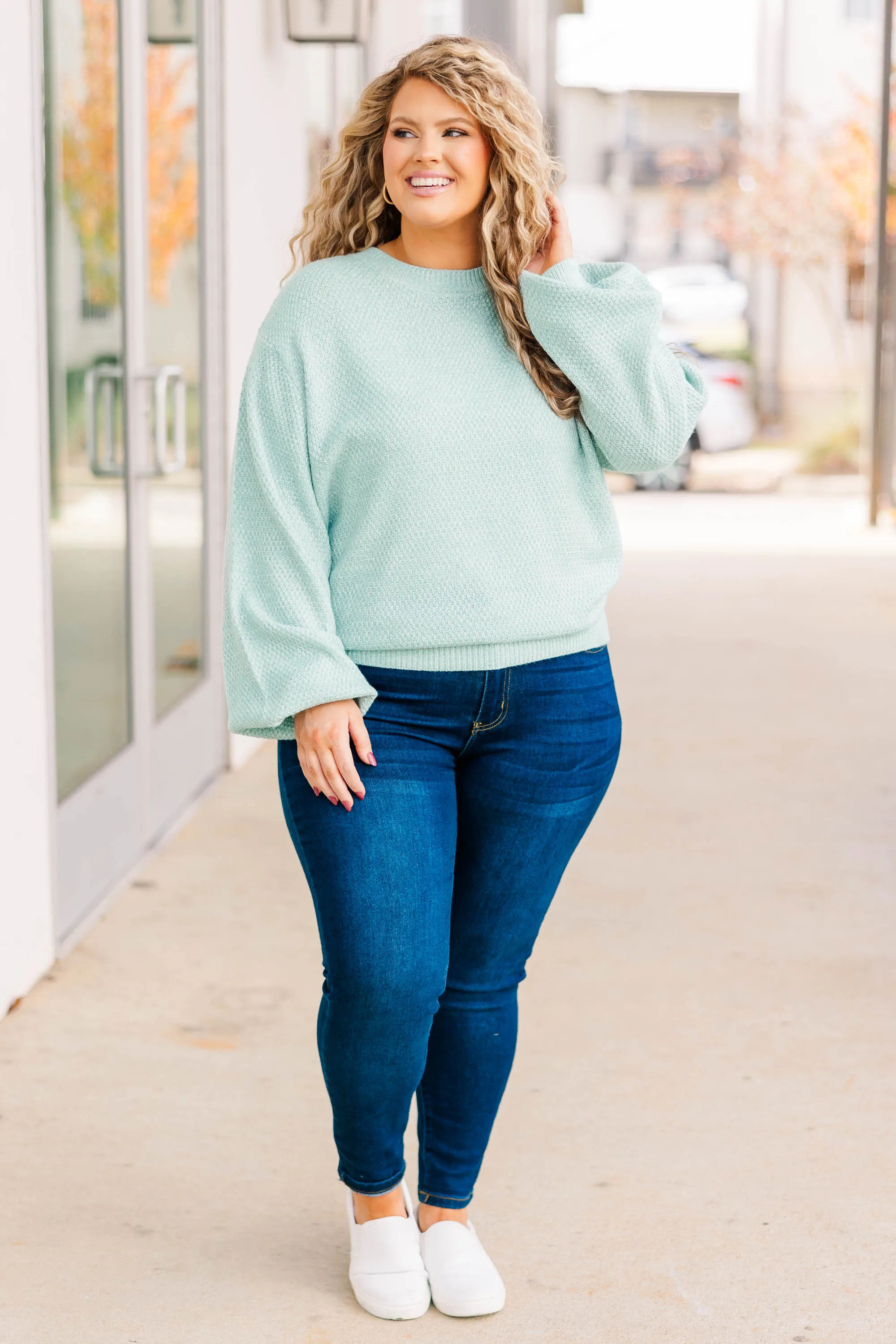 Cozy Bubble Sleeve Sweater, Mint