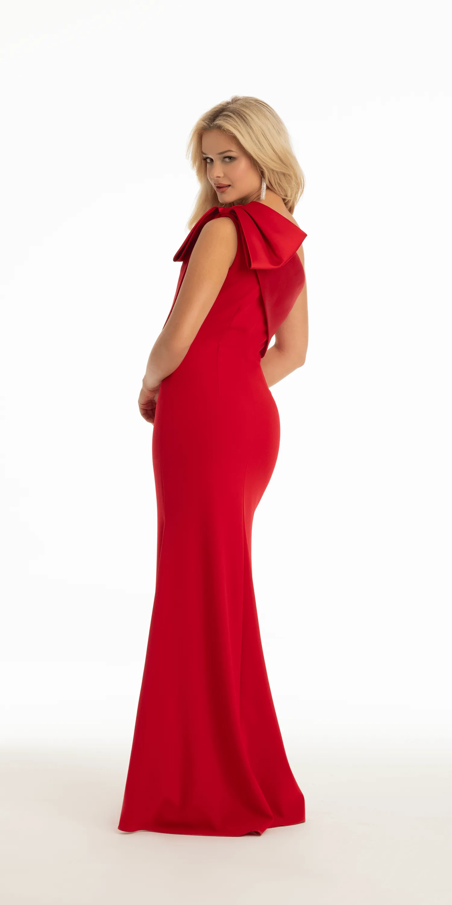 Crepe One Shoulder Trumpet Dress with Bow Detail