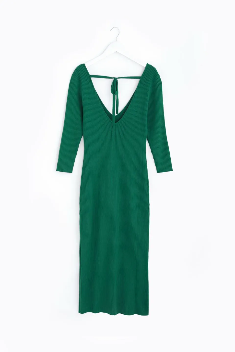 Equinox Kelly Green Half Sleeve V Neck Tie Back Rib Knit Midi Dress