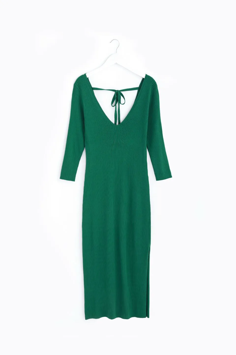 Equinox Kelly Green Half Sleeve V Neck Tie Back Rib Knit Midi Dress