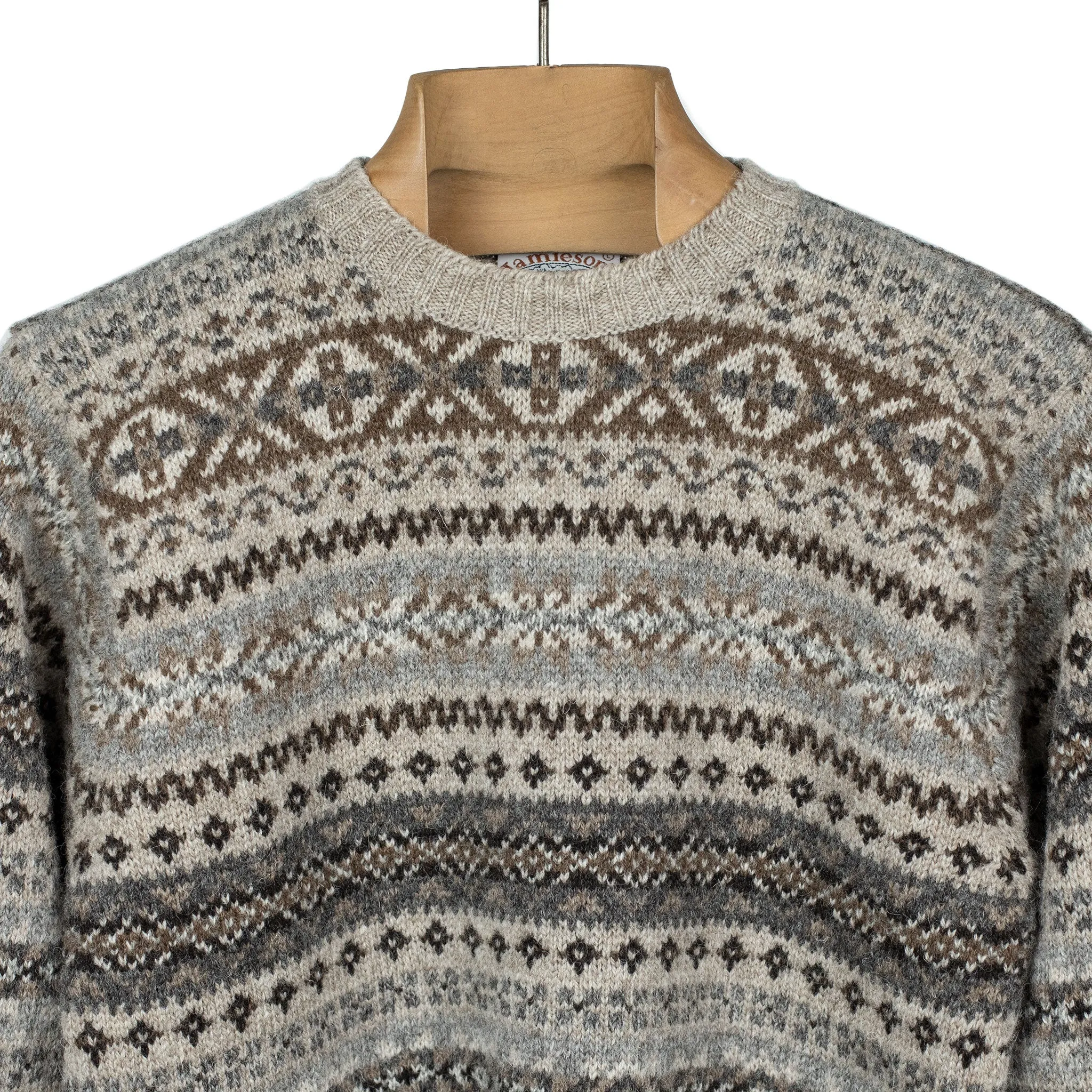 Fair Isle crew-neck sweater, buckwheat, grey, brown, and black (restock)