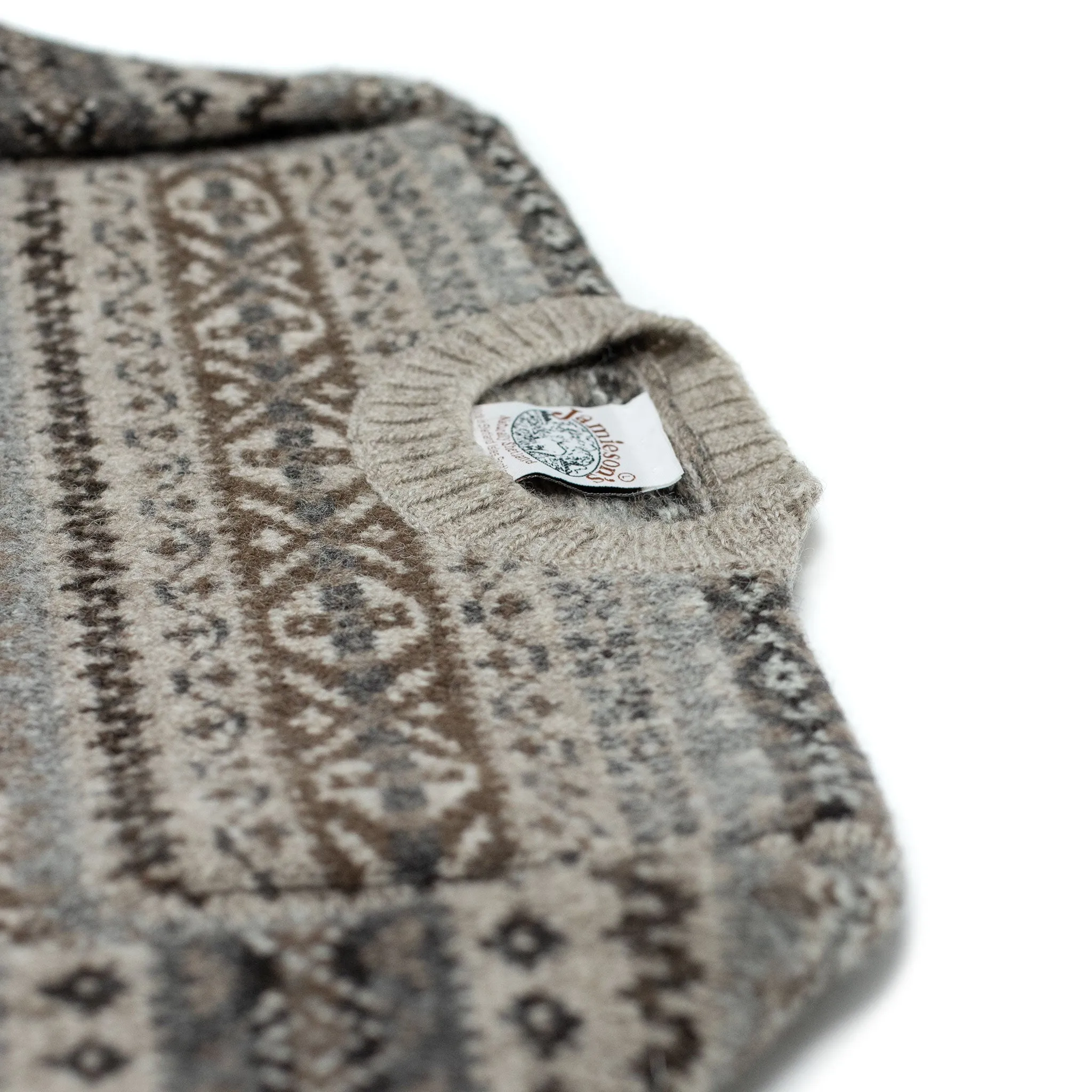 Fair Isle crew-neck sweater, buckwheat, grey, brown, and black (restock)