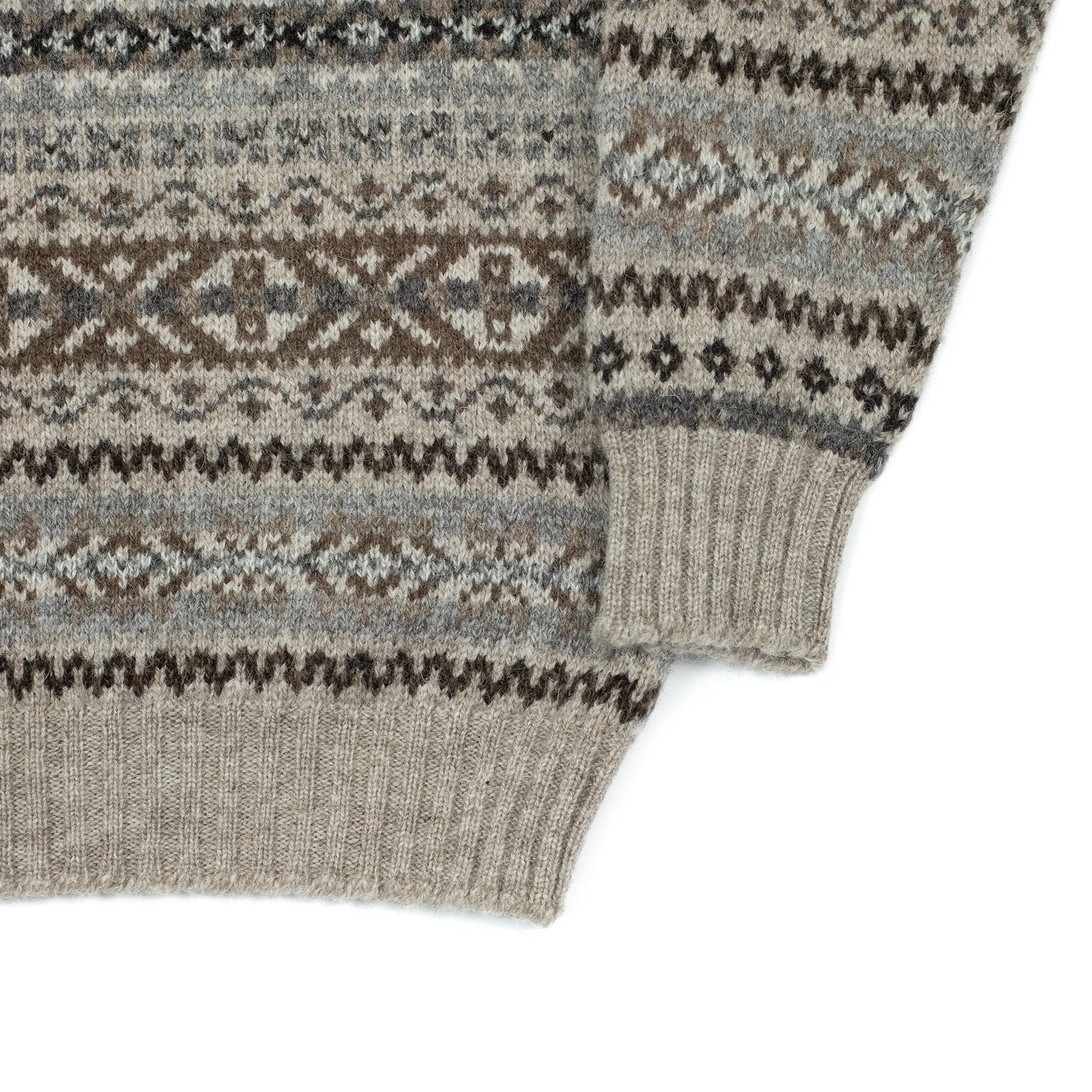 Fair Isle crew-neck sweater, buckwheat, grey, brown, and black (restock)