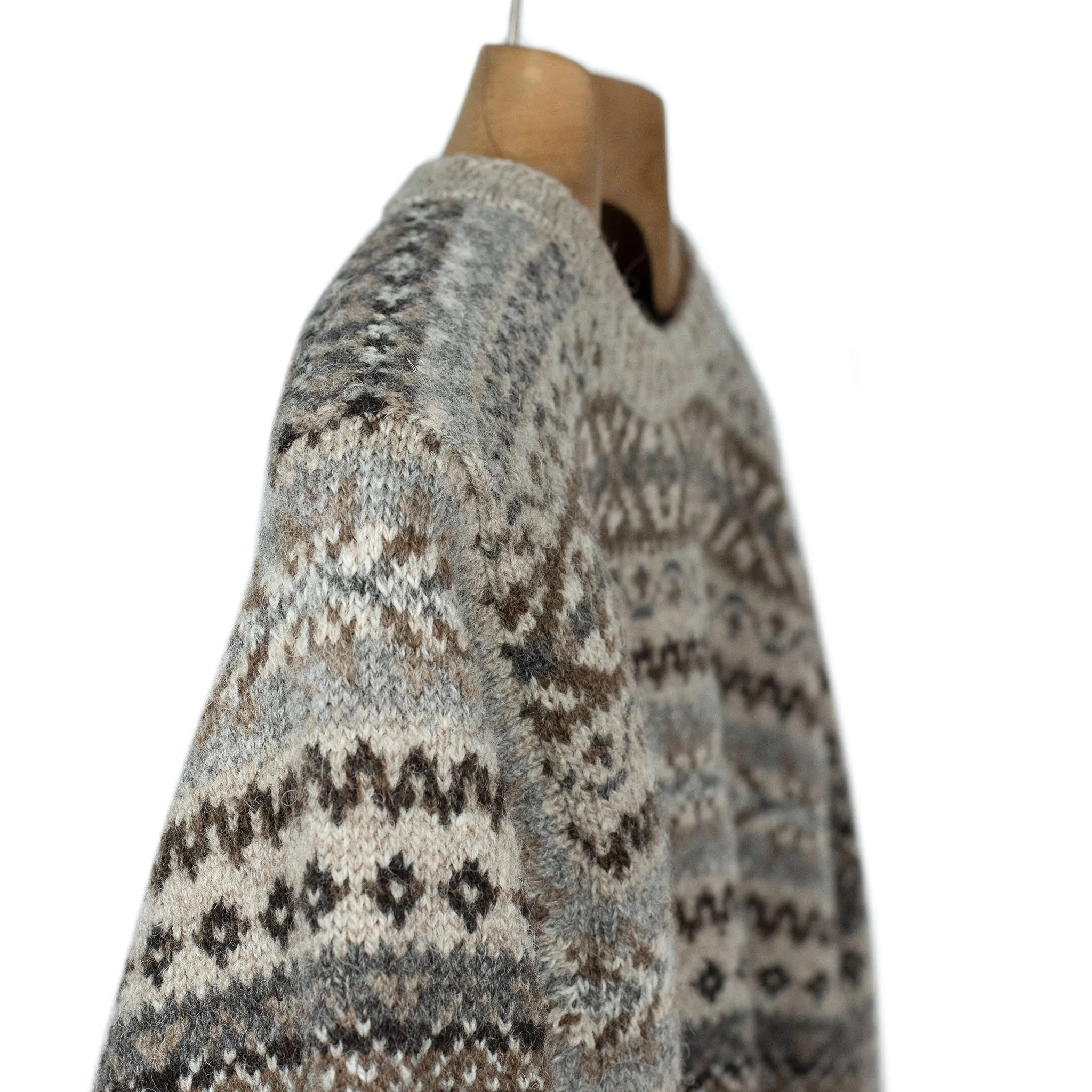 Fair Isle crew-neck sweater, buckwheat, grey, brown, and black (restock)