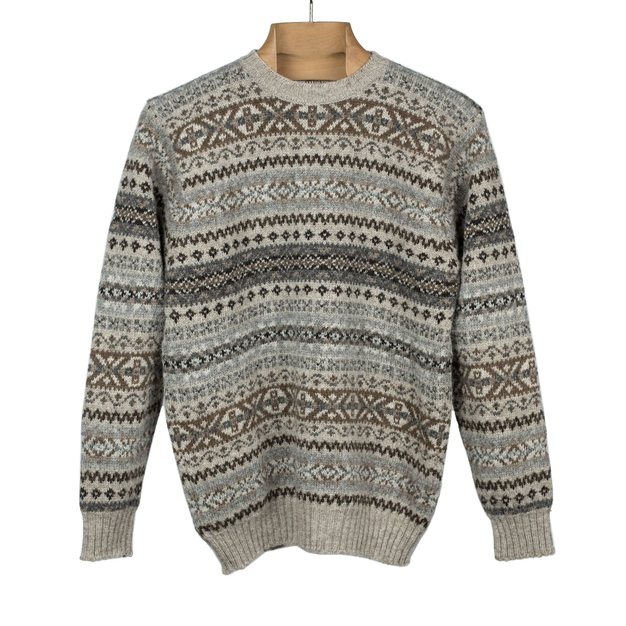 Fair Isle crew-neck sweater, buckwheat, grey, brown, and black (restock)