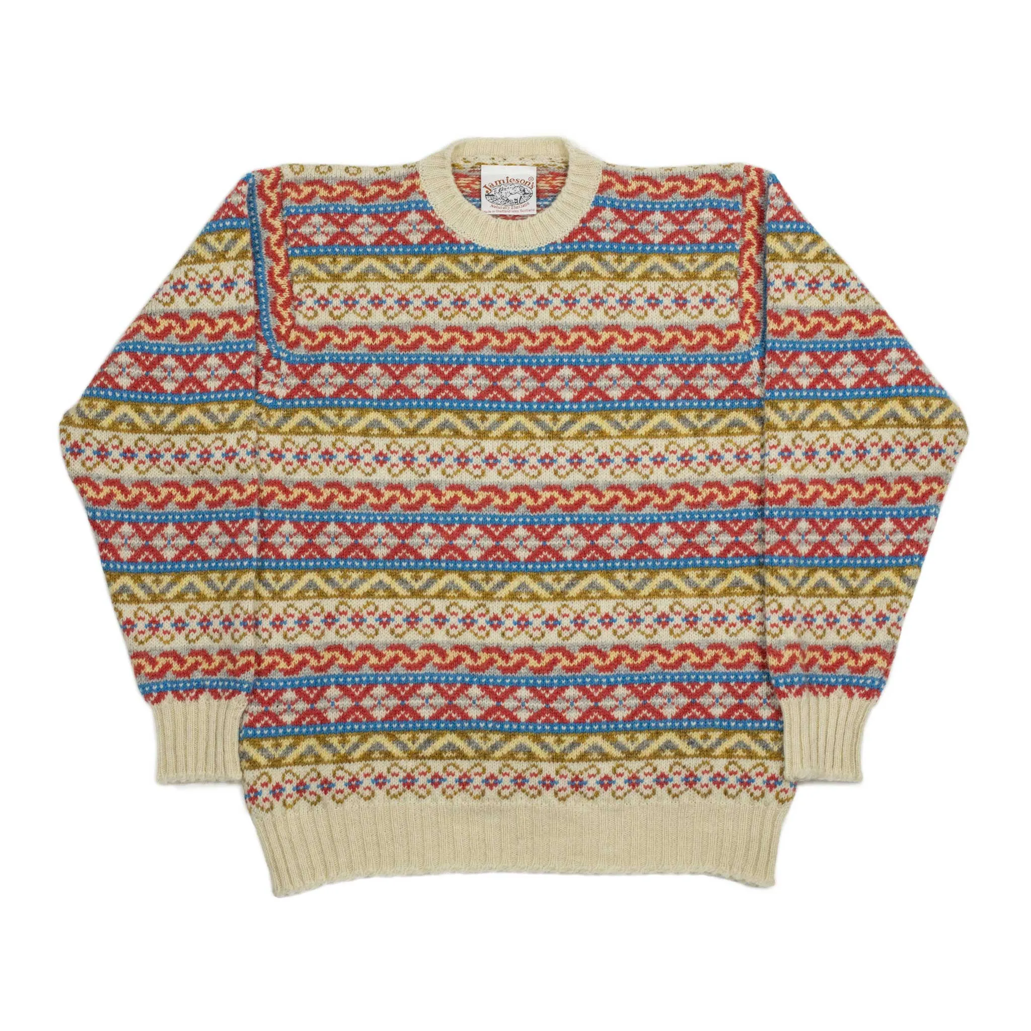 Fair Isle crewneck sweater, ecru, red, blue, olive