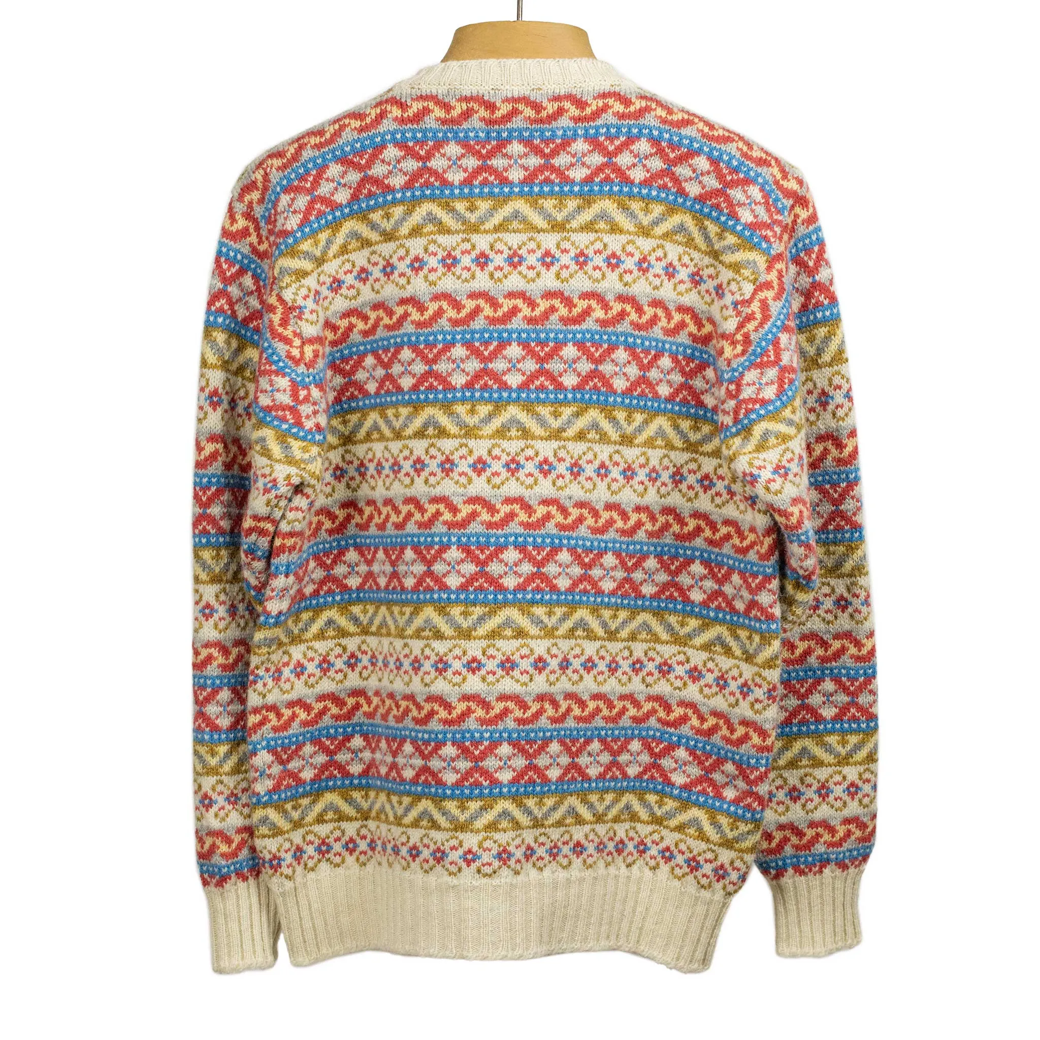 Fair Isle crewneck sweater, ecru, red, blue, olive