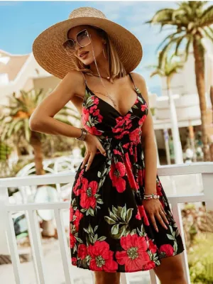 FashionSierra - V Neck Floral Print Spaghetti Strap Sleeveless Beach Dress