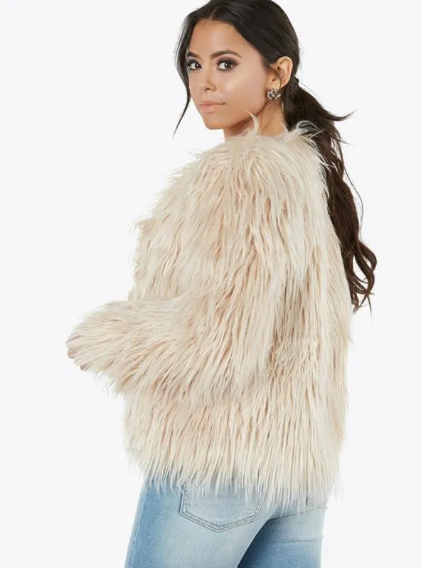 FAUX FUR COATS O-NECK LONG SLEEVE THICK