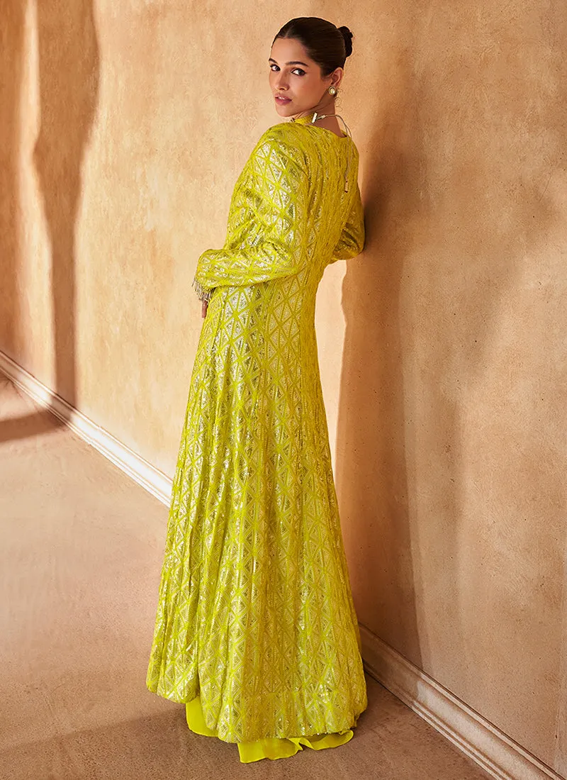 Golden Yellow Embroidered Jacket Style Palazzo Suit