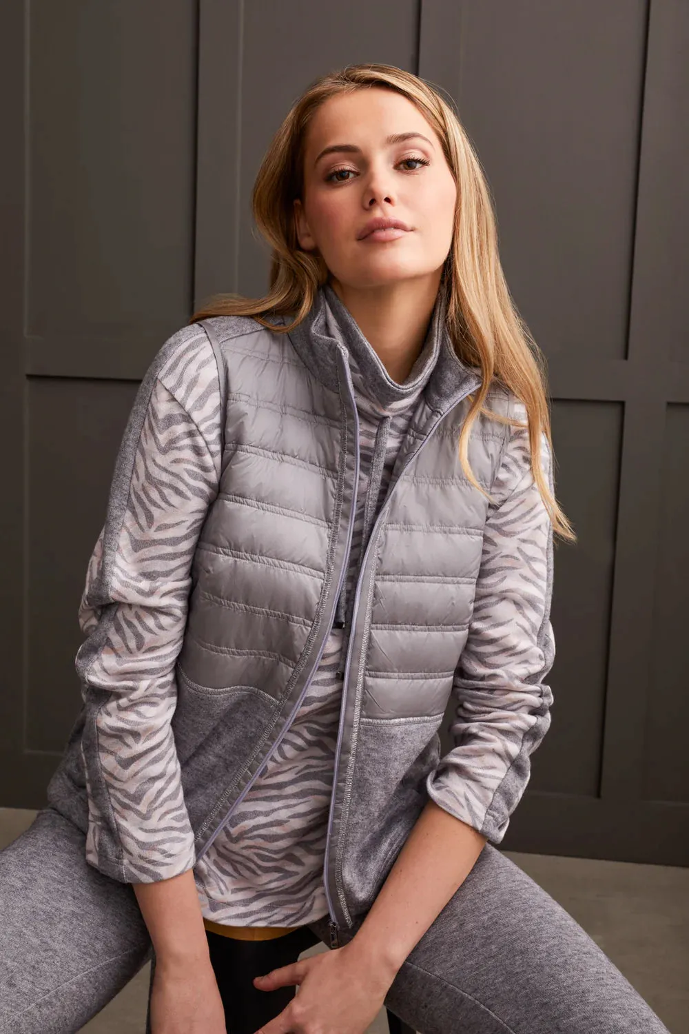 Grey Mixed Media Zip Up Vest