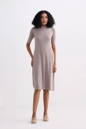 High Crew Neck Elbow Sleeves Fitted Dress in Dusty Brown