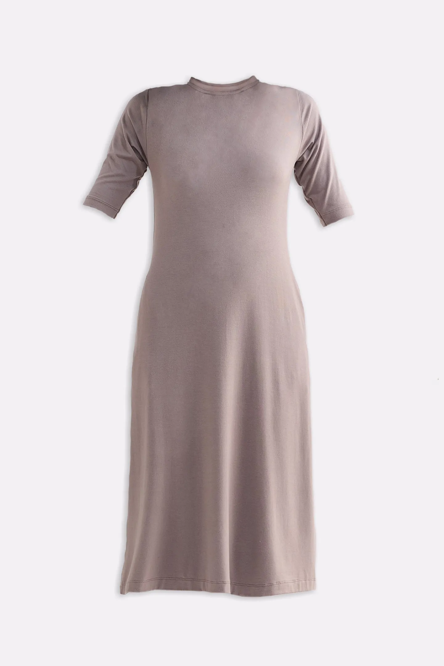 High Crew Neck Elbow Sleeves Fitted Dress in Dusty Brown