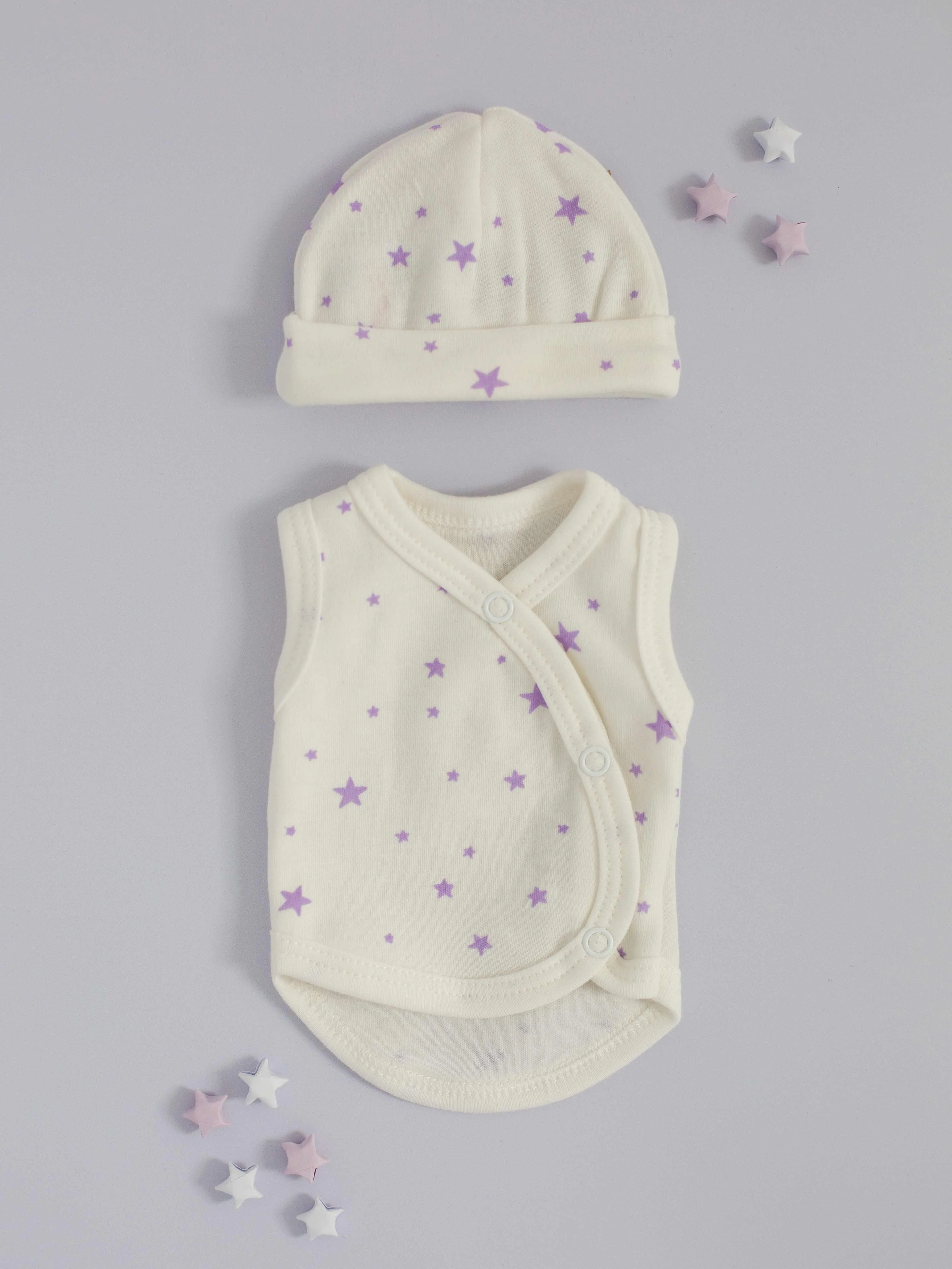 Incubator Vest & Round Hat Set Purple Stars, 100% Organic Cotton