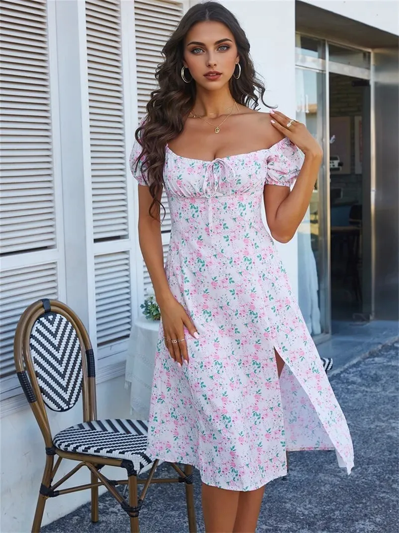 JuliaFashion - 2024 Y2K Boho Floral Slit Puff Sleeves Vacation Dress