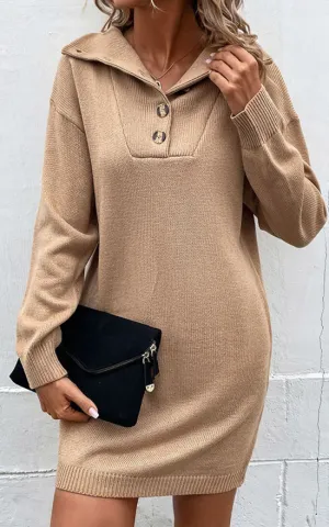 Khaki Collared Neck Buttoned Sweater Mini Dress