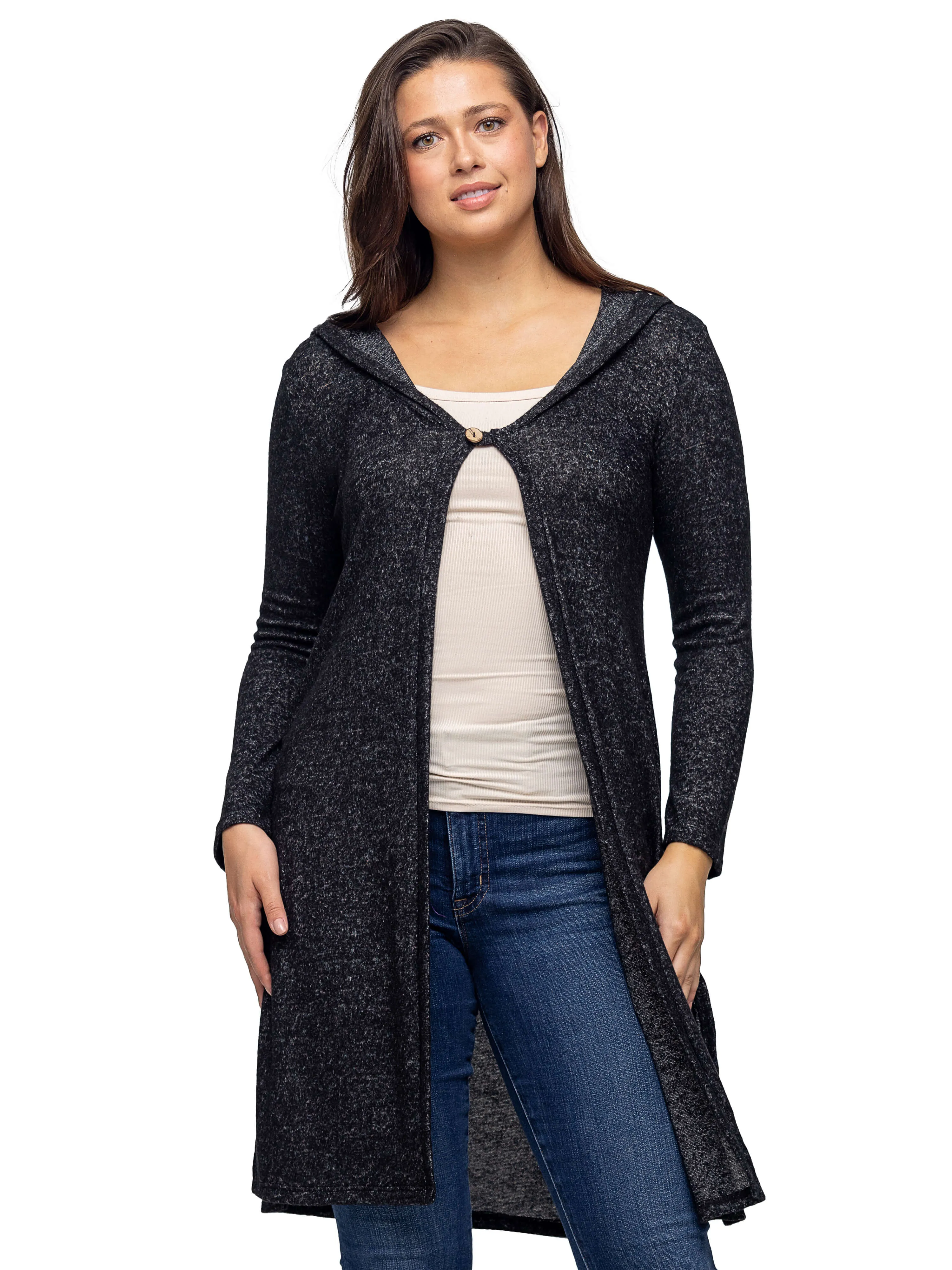 Knee Length Long Sleeve Hooded Womens Cardigan Shrug