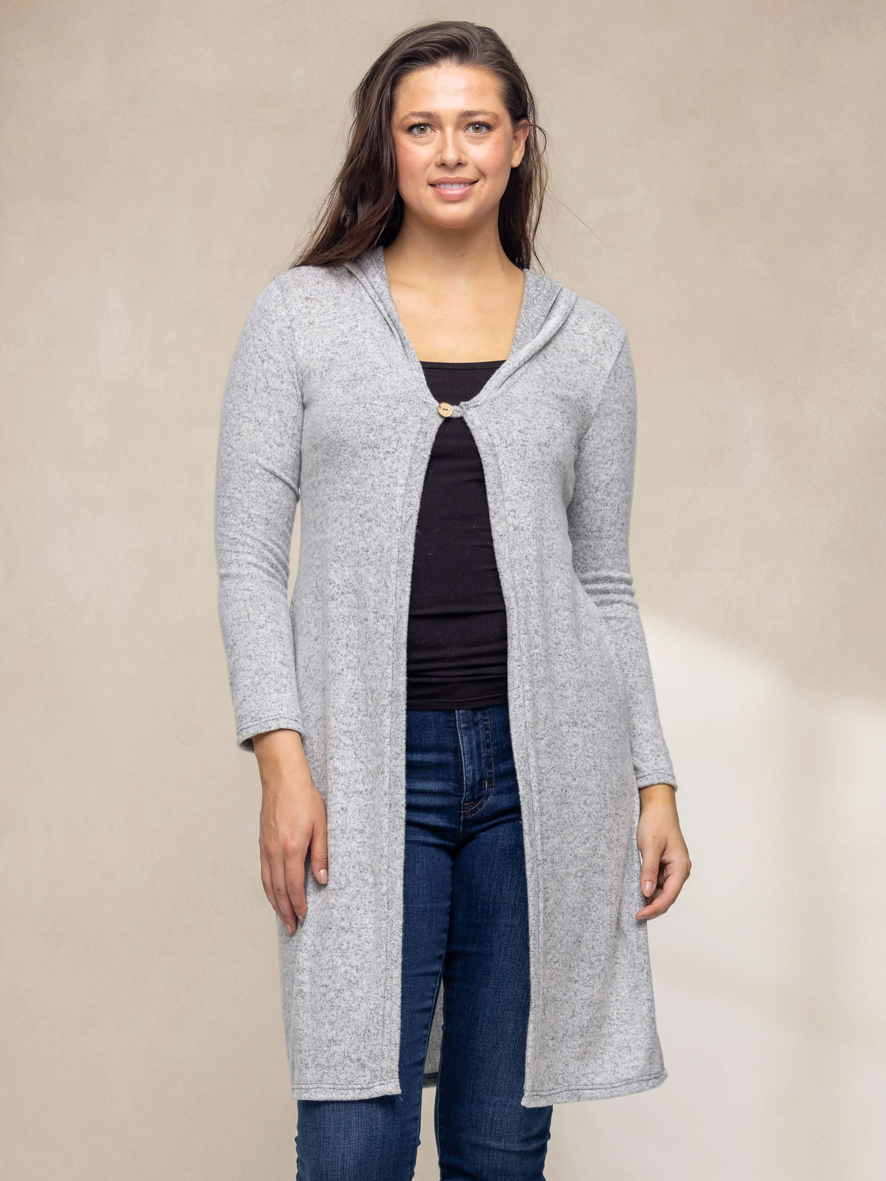 Knee Length Long Sleeve Hooded Womens Cardigan Shrug