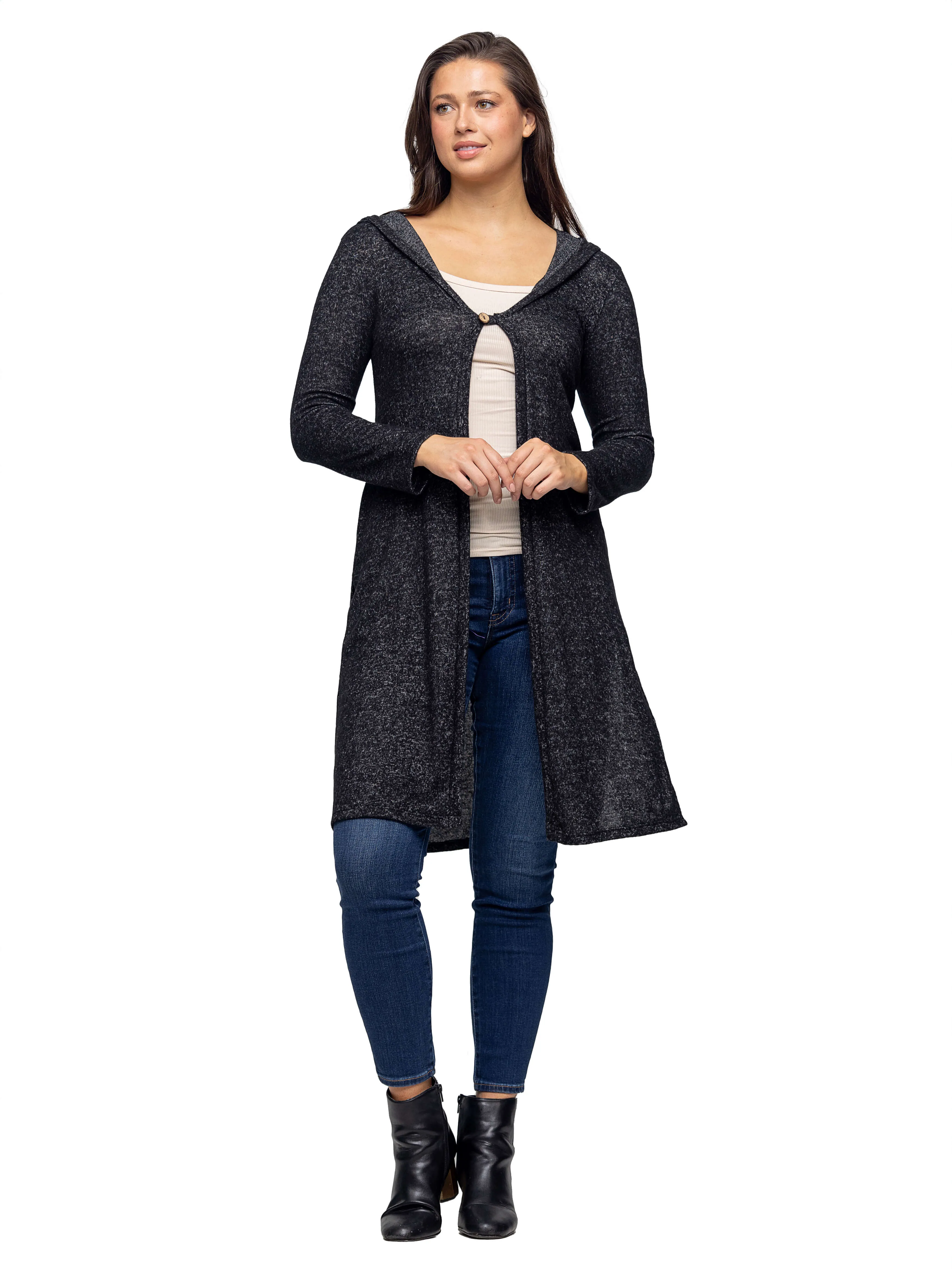 Knee Length Long Sleeve Hooded Womens Cardigan Shrug