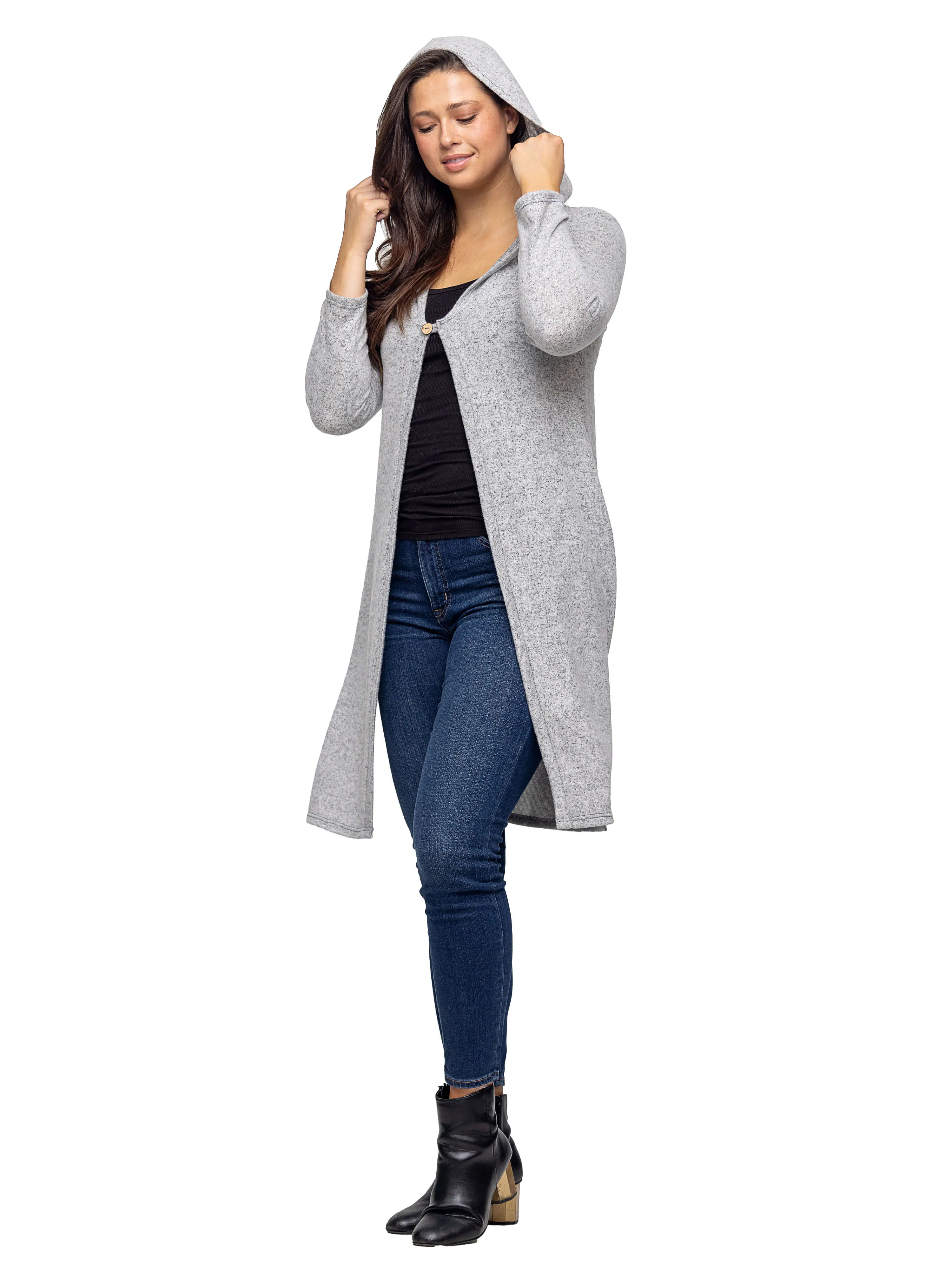 Knee Length Long Sleeve Hooded Womens Cardigan Shrug