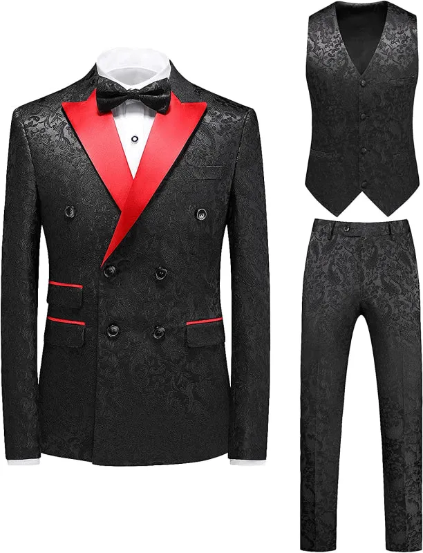 Luxury Black Floral Paisley Jacquard Three Pieces Prom Suits Double Breasted Tuxedos