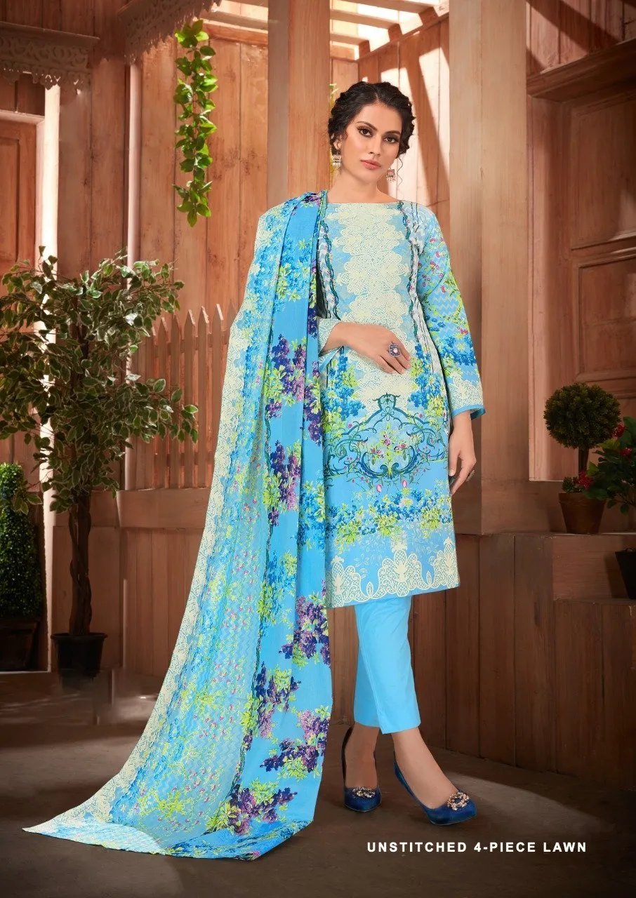 Luxury Lawn Cotton Blue Unstitched Cotton Suits for Women