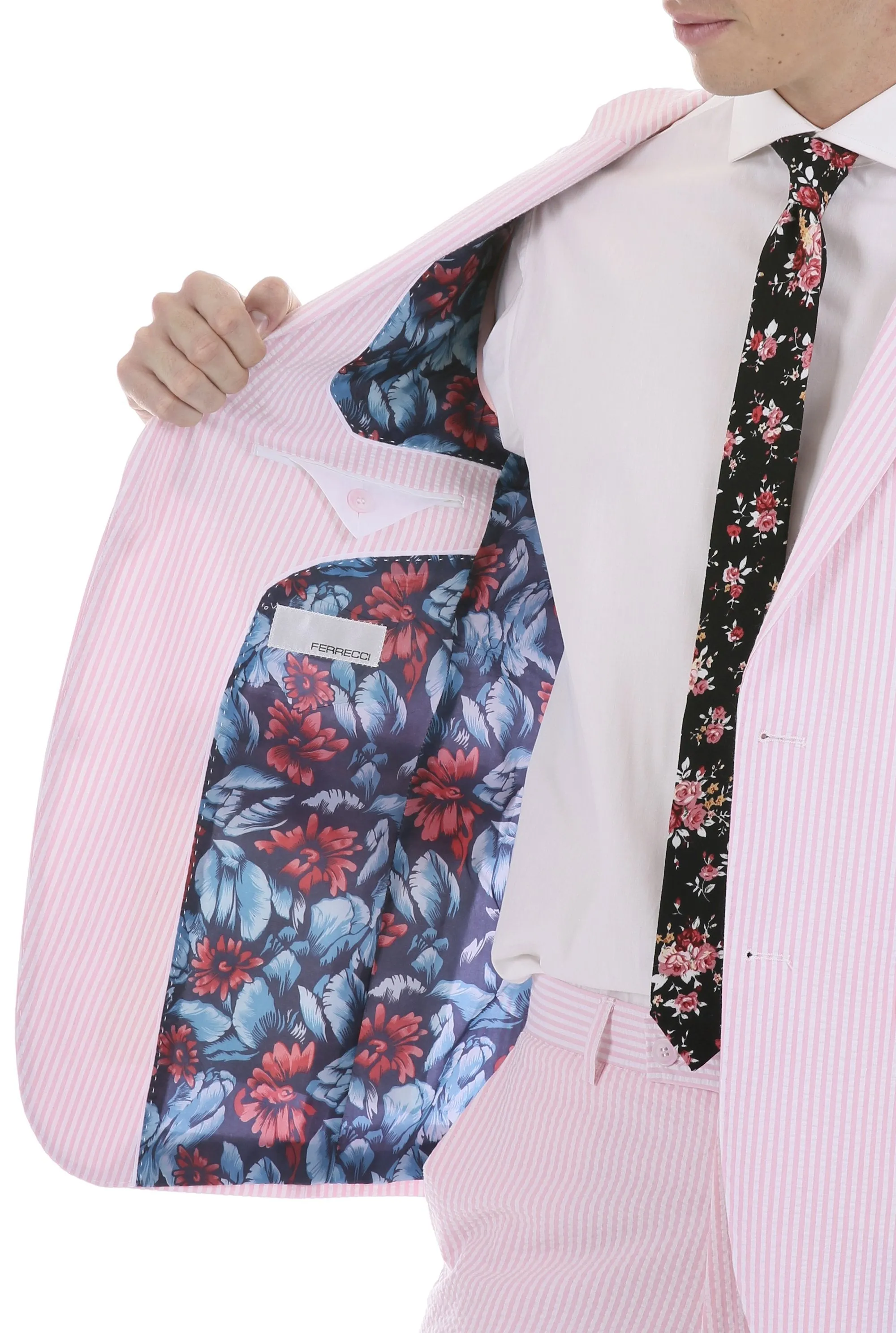 Men's Slim Fit Two Button Pink Seersucker Suit