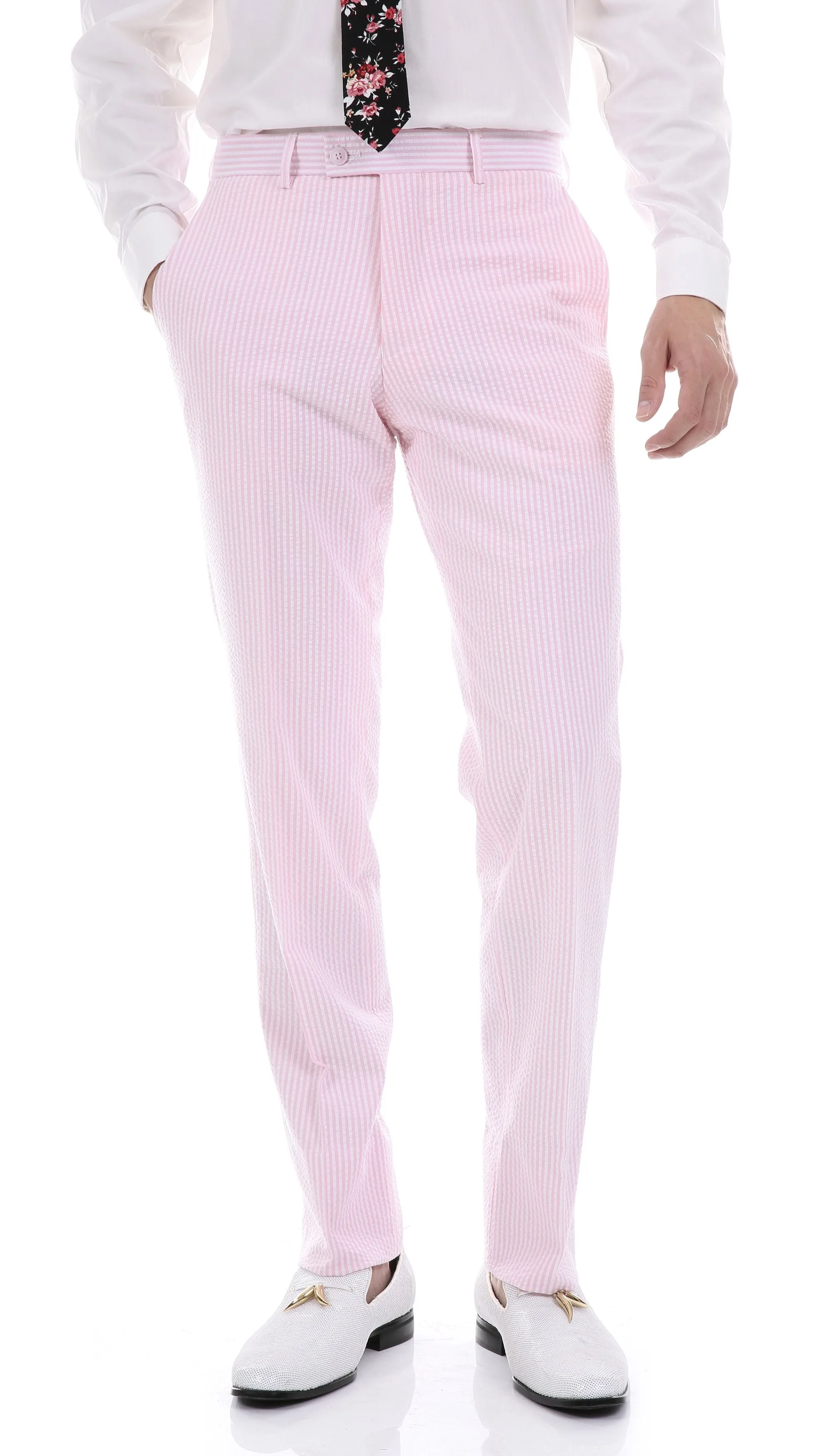 Men's Slim Fit Two Button Pink Seersucker Suit