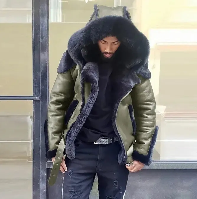 Men's  Winter Men  Shearling Skin Leather Coat Warm Fur RAF Military Leather Coats