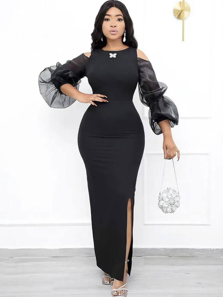 Mesh Patchwork Lantern Sleeve Split Bodycon Maxi Dresses