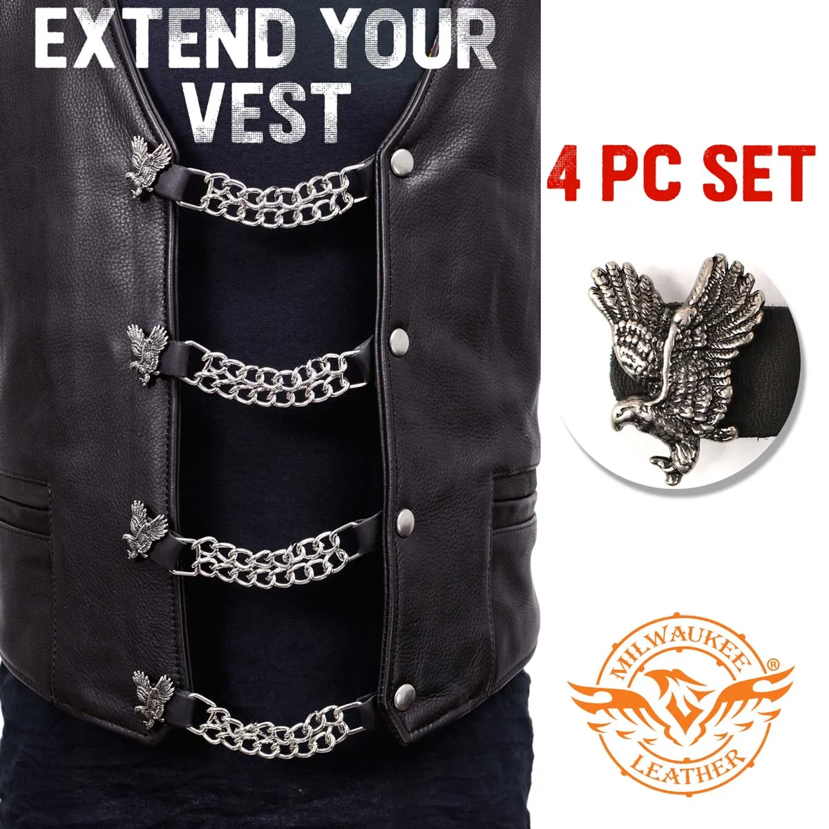 Milwaukee Leather Flying Eagle Medallion Vest Extender - Double Chrome Chains Genuine Leather 6.5" Extension 4-PCS MLA6003SET