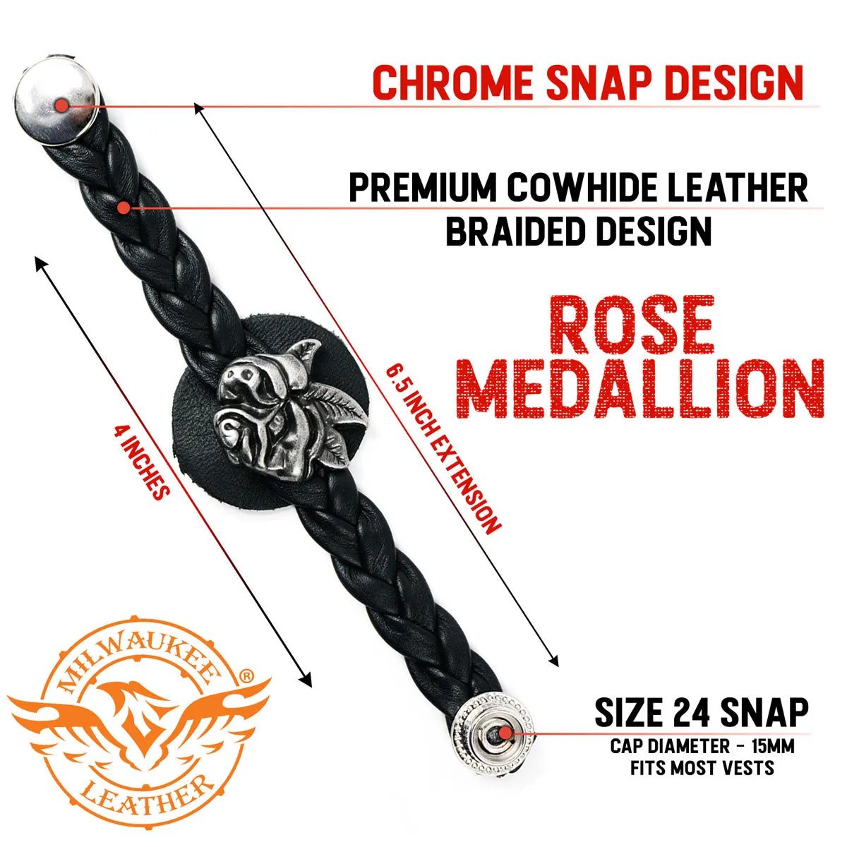 Milwaukee Leather Rose Medallion Vest Extender Genuine Leather Braided Strap 6.5" Extension MLA1065-Single