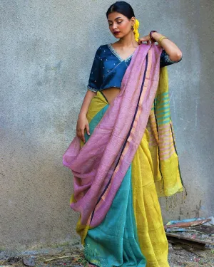 Nazm Handwoven Linen Zari Saree - Gazala