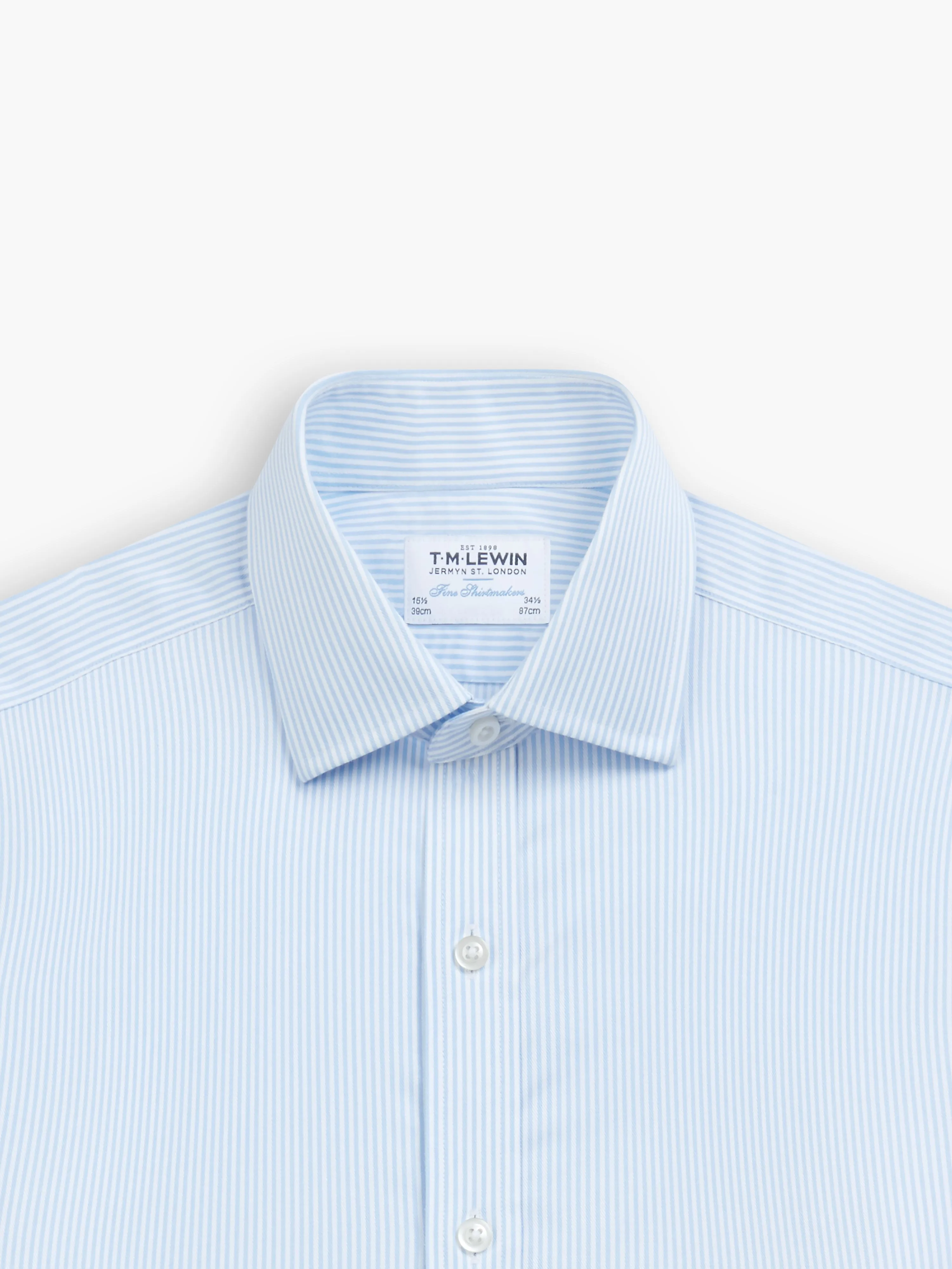 Non-Iron Light Blue Bengal Stripe Twill Fitted Double Cuff Semi Cutaway Collar Shirt