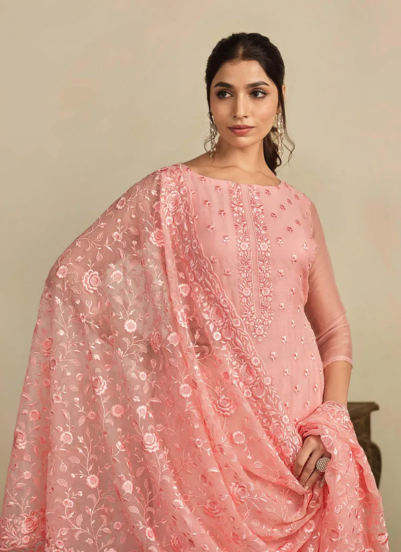 Peach Thread Work Embroidery Pakistani Pant Suit