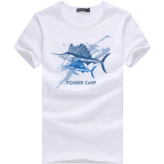 Pioneer Camp brand short summer men tshirt comfortable breathable blue t shirt male fashion cotton t-shirt shark pattern 405047