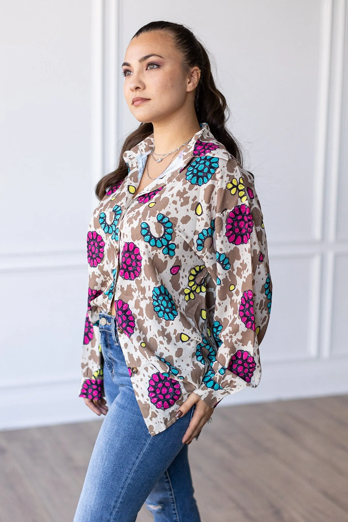 Rodeo Queen Cow Print Button Down