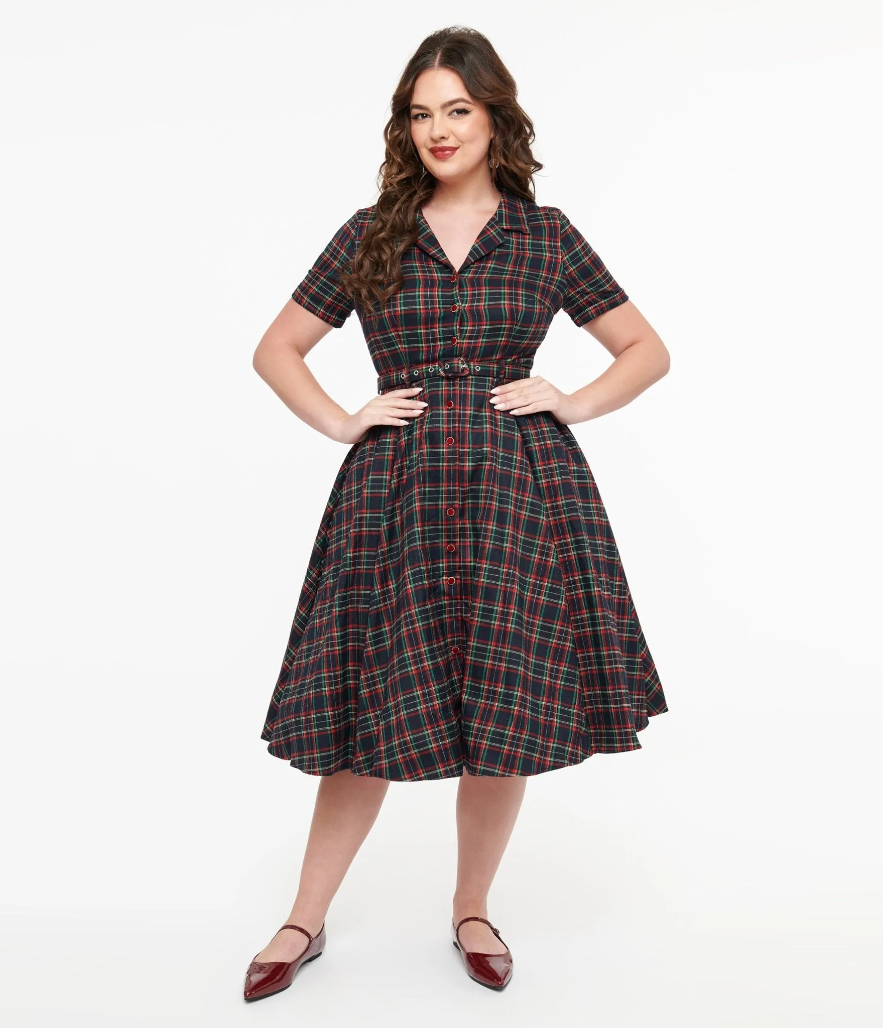 Royal Monk 1950s Green & Red Plaid Merry Holidays Swing Dress