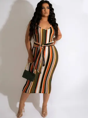 Sleeveless Striped Print Lace Up Midi Dresses