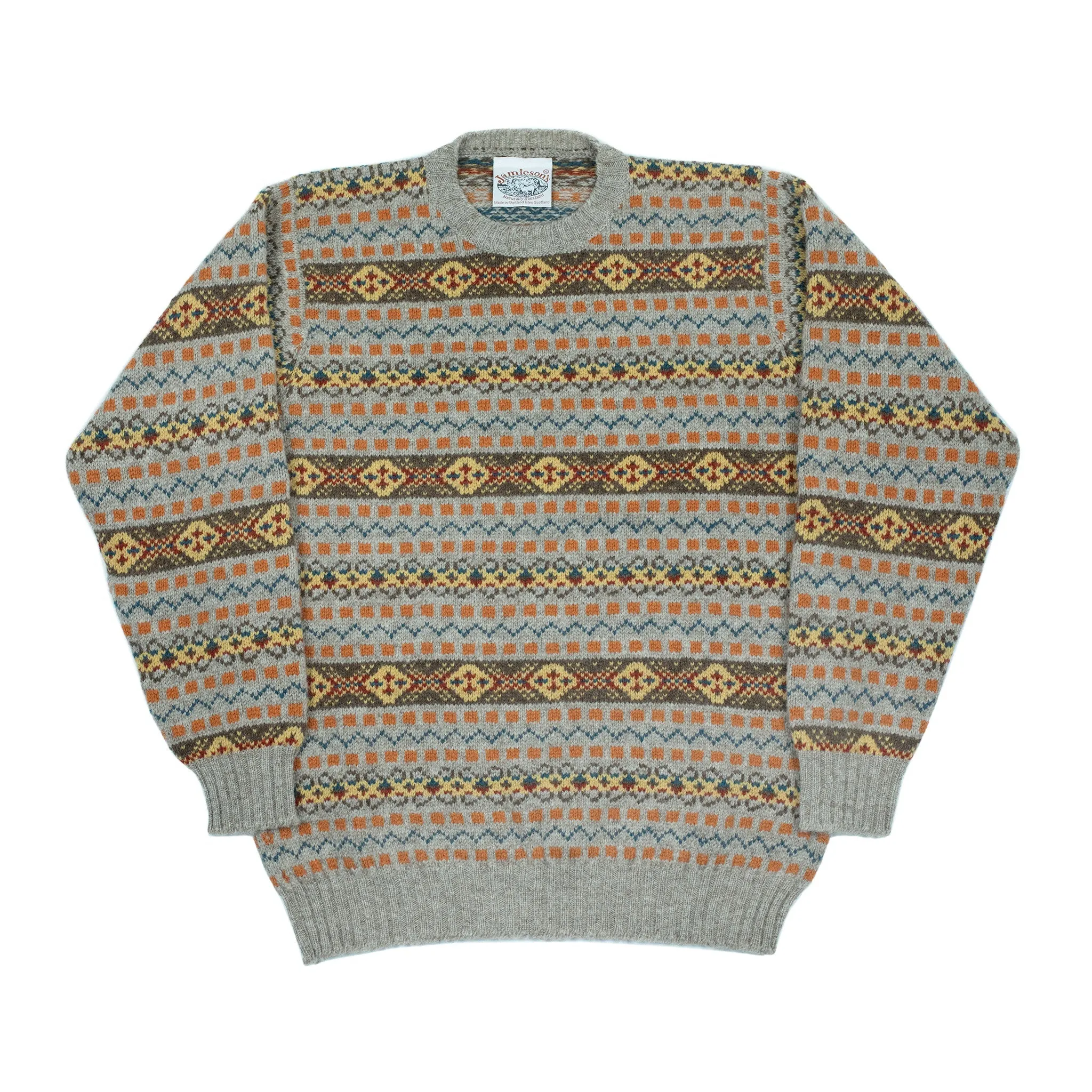 The Duke Fair Isle crewneck sweater, greige, orange, brown & blue (restock)