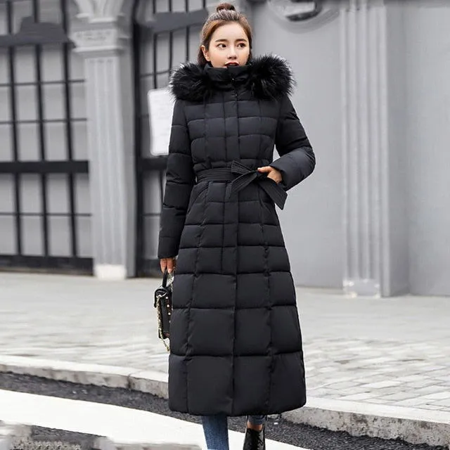 Warm Thicken Fur Collar Cotton Padded Women Long Coats