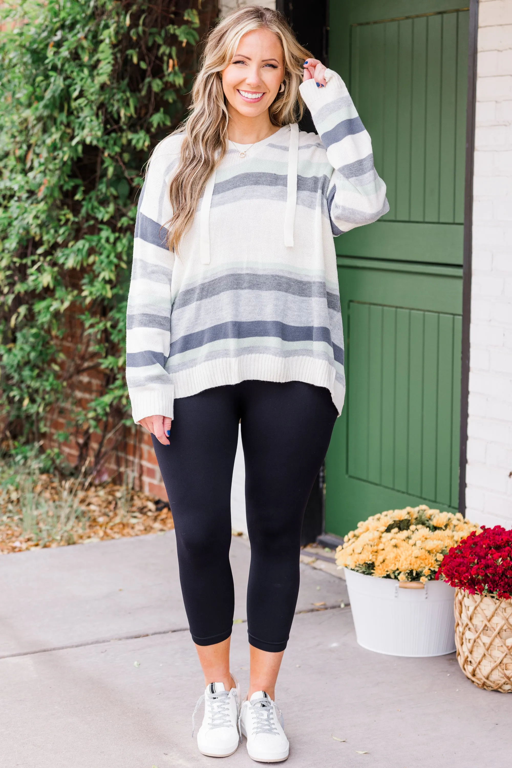 Winter Cozy Striped Sweater, Ivory-Sage